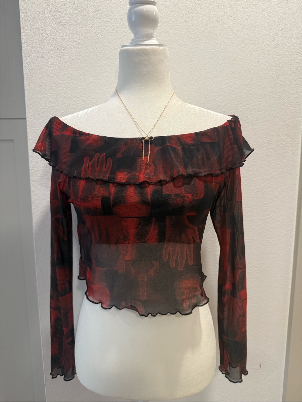 Social Collision Y2K Red Black Sheer Mesh Goth Top Medium